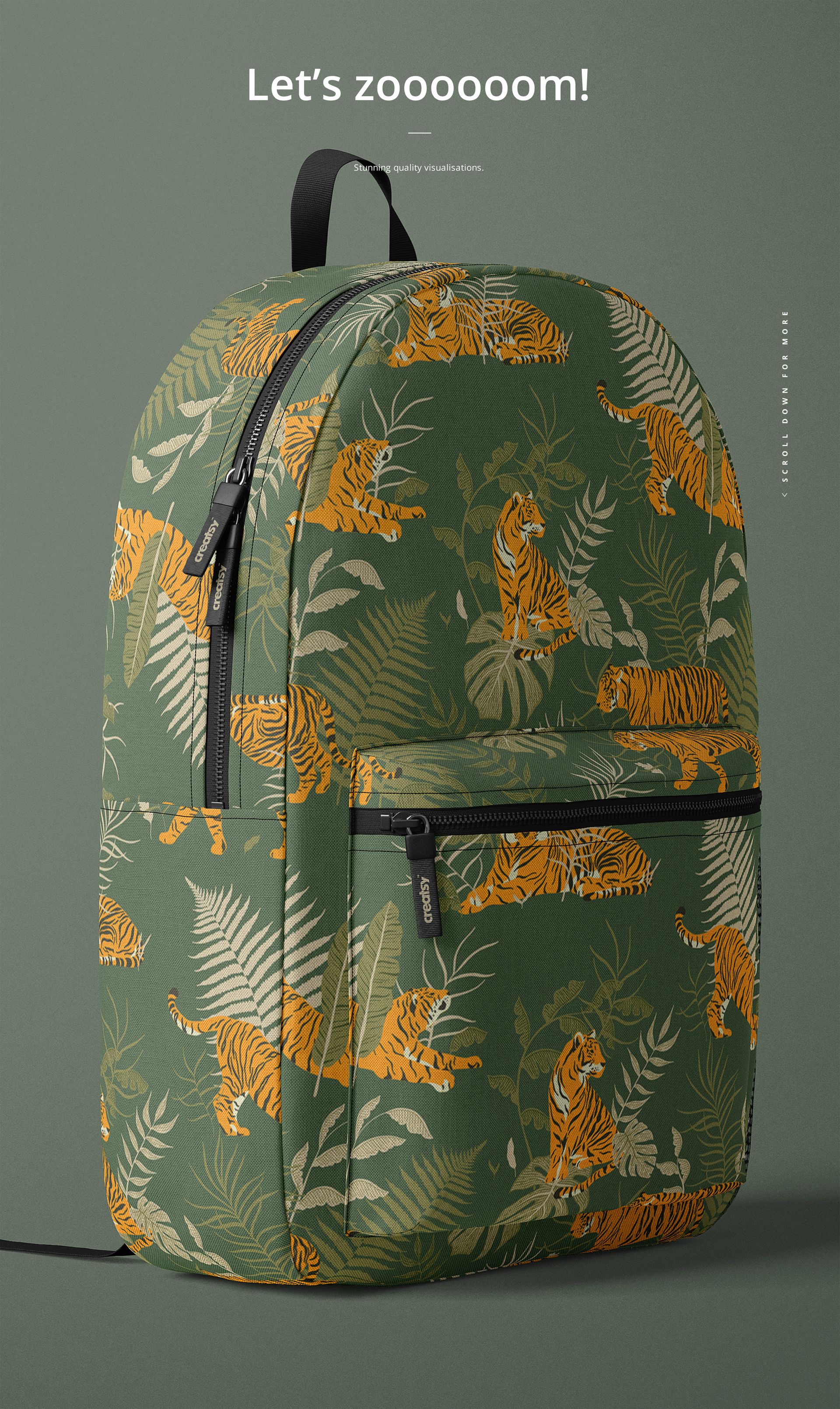 Mockup of a polyester backpack featuring a jungle-inspired design with orange tigers and green foliage, side perspective.