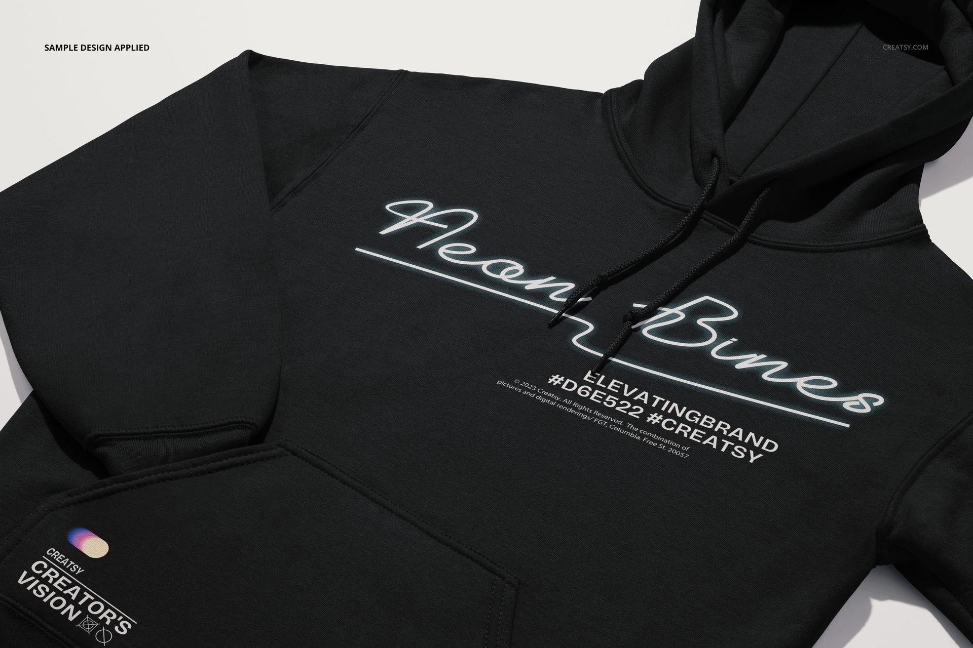 Black Gildan 18500 hoodie mockup with white and blue neon text, shown from above with visible hood and pocket.