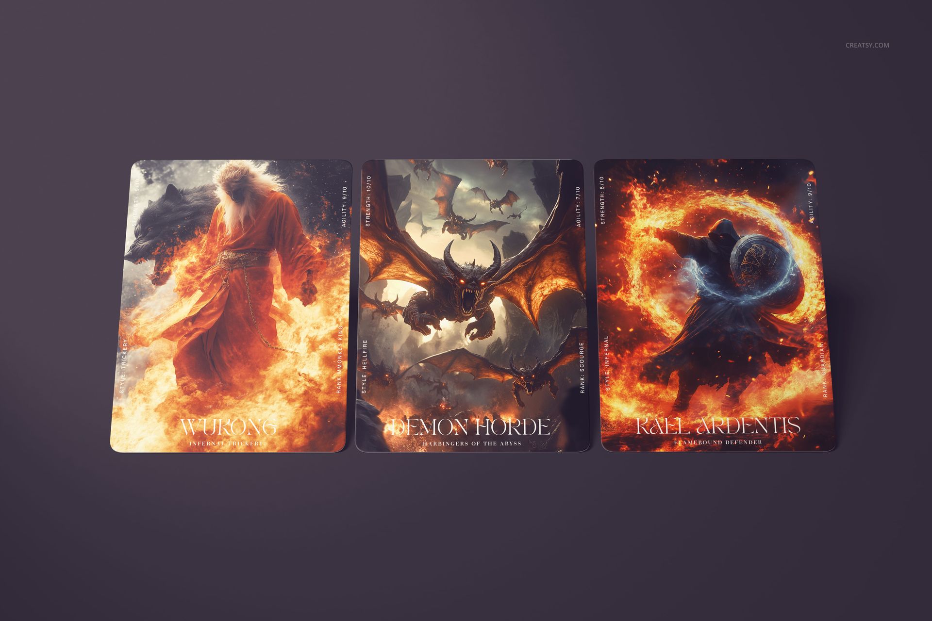 Three trading cards with fantasy artwork featuring fire effects, shown from a front view on a dark background.