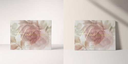 Landscape wedding guest book with soft floral cover design in pastel tones, shown from the front on a neutral background.