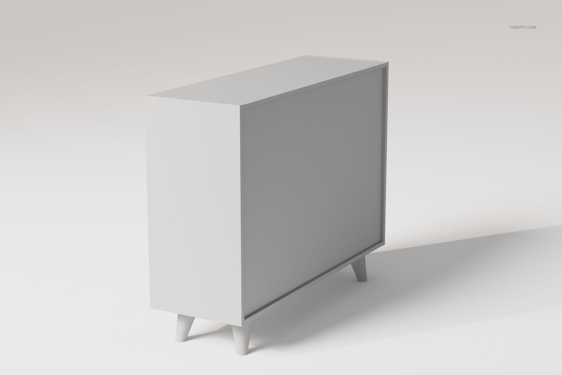 Mid-century modern dresser in a minimalist style, shown in a light gray color with angled legs, front side view.