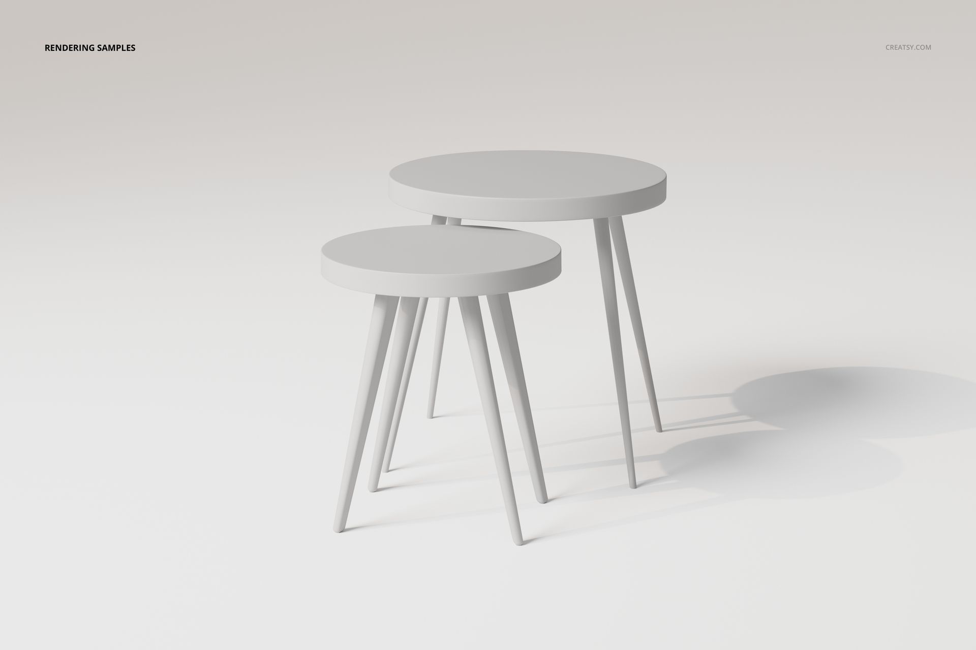 Two round nesting tables with smooth white surfaces and angled legs, shown on a plain light background in a 3D render.