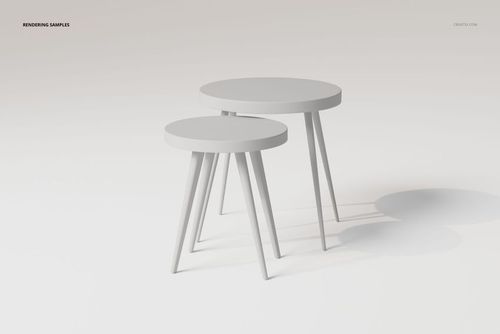 Two round nesting tables with smooth white surfaces and angled legs, shown on a plain light background in a 3D render.
