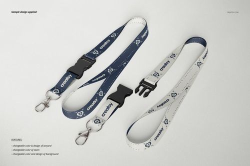 PSD mockup of two patterned lanyards, featuring adjustable plastic buckles and metal clips on a neutral background.