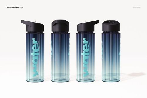 Front-facing mockup of reusable water bottles featuring dark lids, blue ombre design, and prominent vertical text.