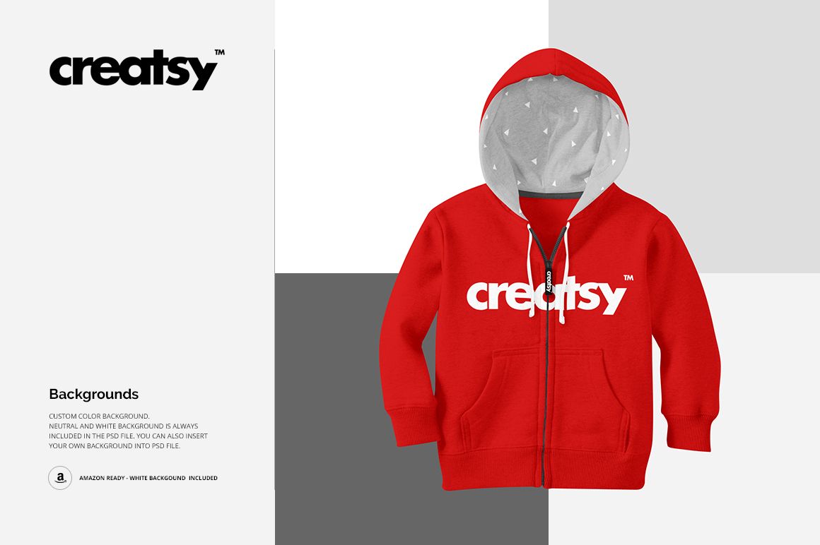 Front view of a kids hoodie mockup in bright red with white logo, displayed against a geometric gray background.