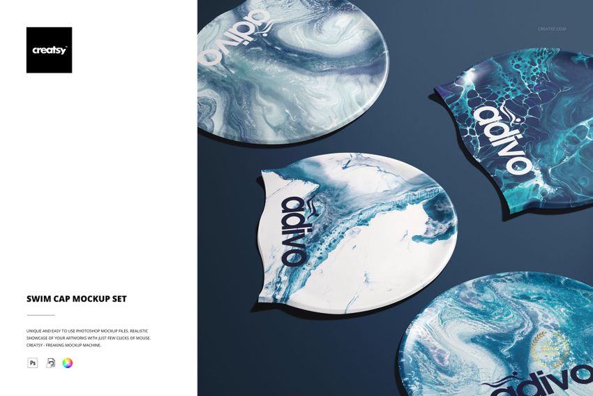 Swim cap mockup set featuring multiple silicone caps with blue and white marbled patterns, displayed on a dark surface.