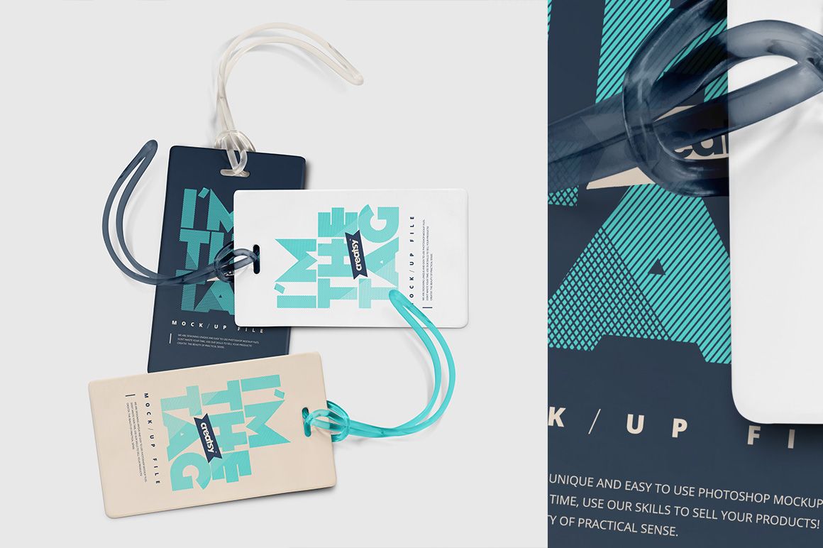 PSD mockup displaying luggage tags in turquoise and beige, arranged on a white surface with visible strap details.
