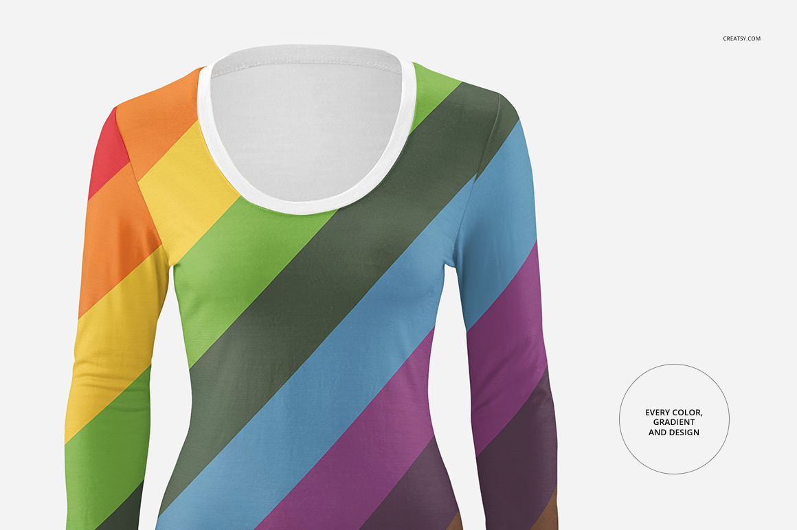 Front view of a women's long sleeve shirt with diagonal rainbow stripes on a white background, shown in a PSD mockup.