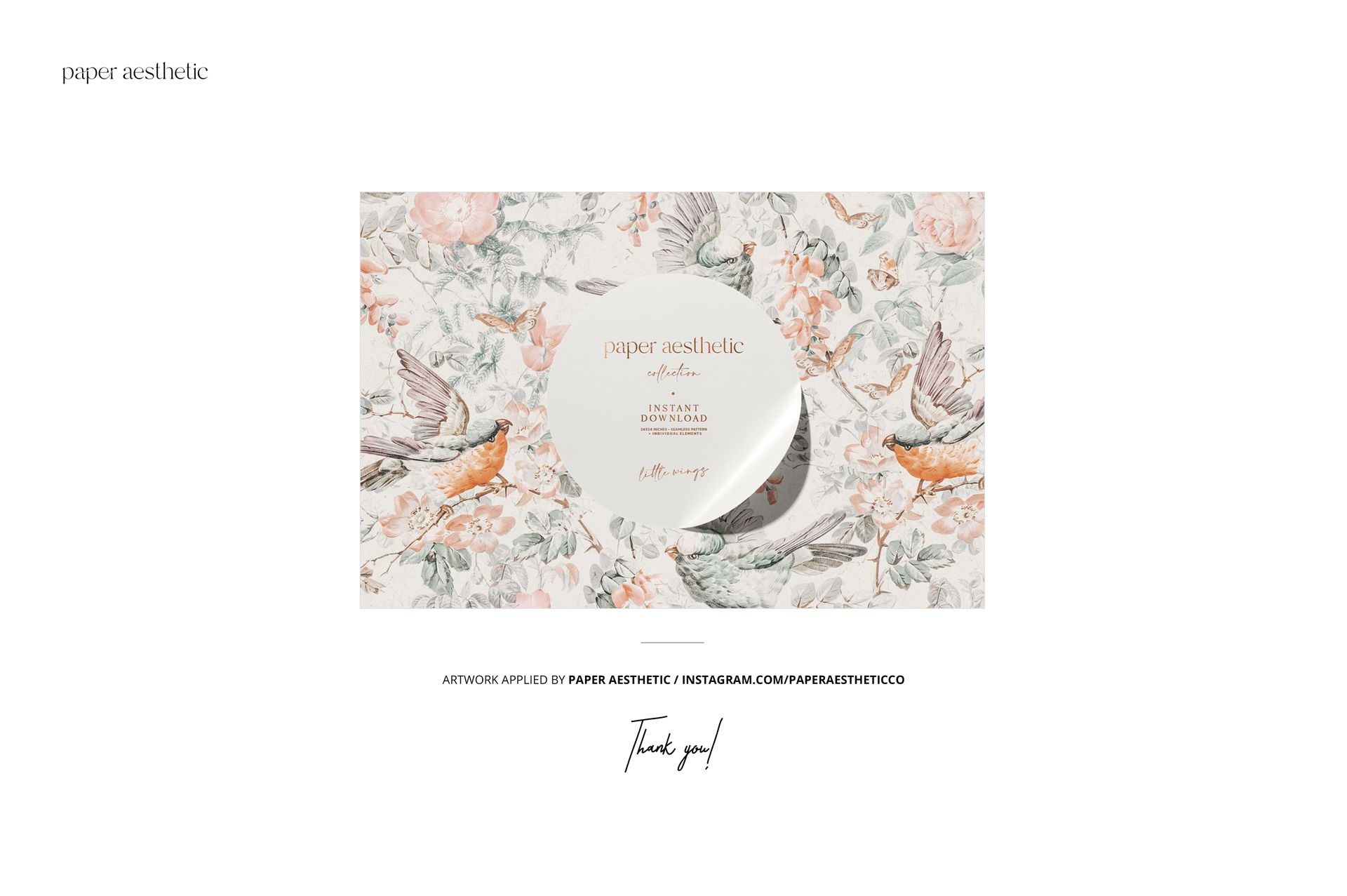 Front view of a grommet curtain mockup scene with a soft floral and bird pattern in muted pastel colors.
