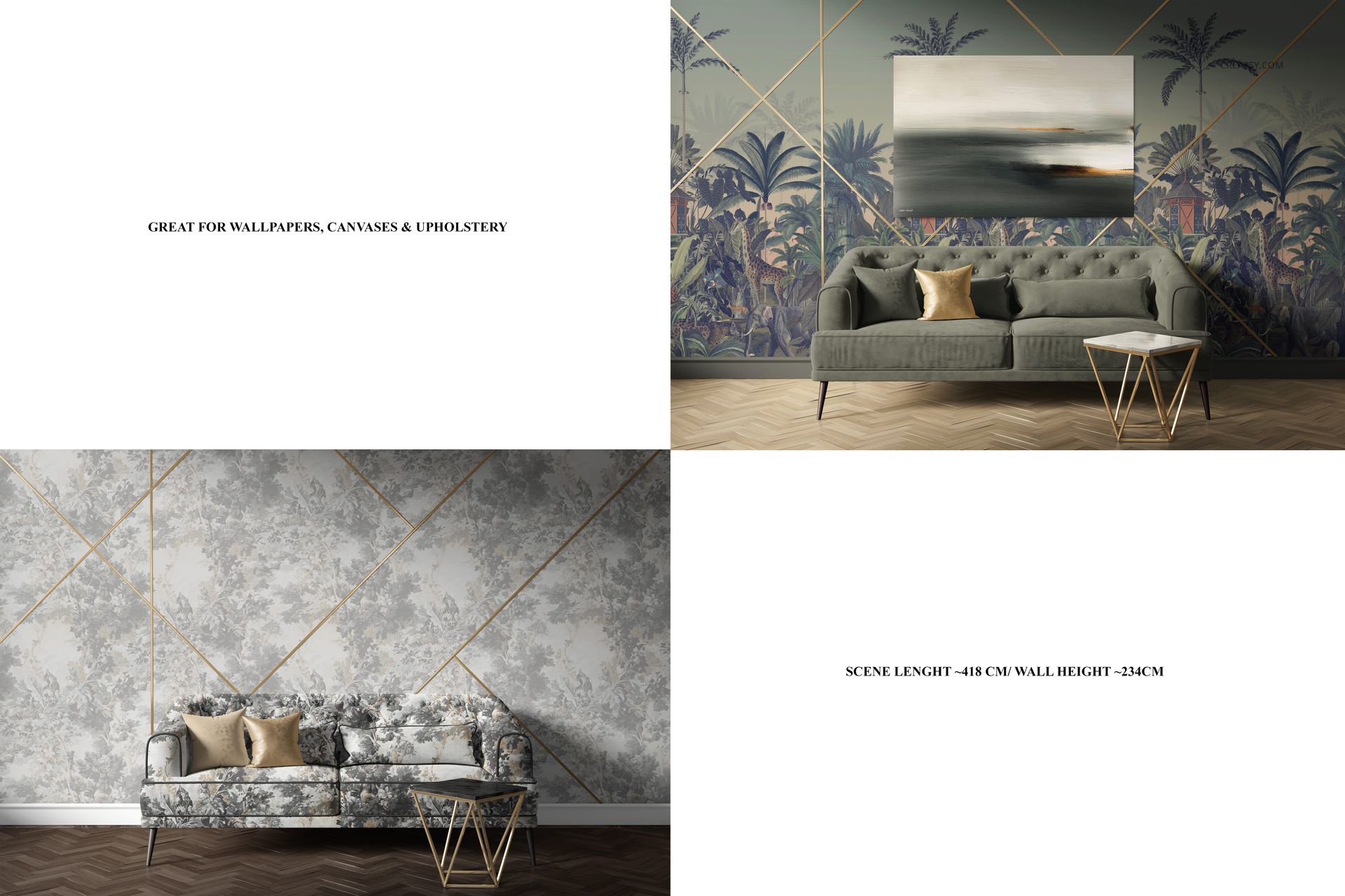 Art Deco style living room mockup featuring two elegant sofas and canvas prints on patterned walls, front view.