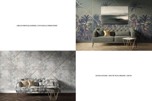 Art Deco style living room mockup featuring two elegant sofas and canvas prints on patterned walls, front view.
