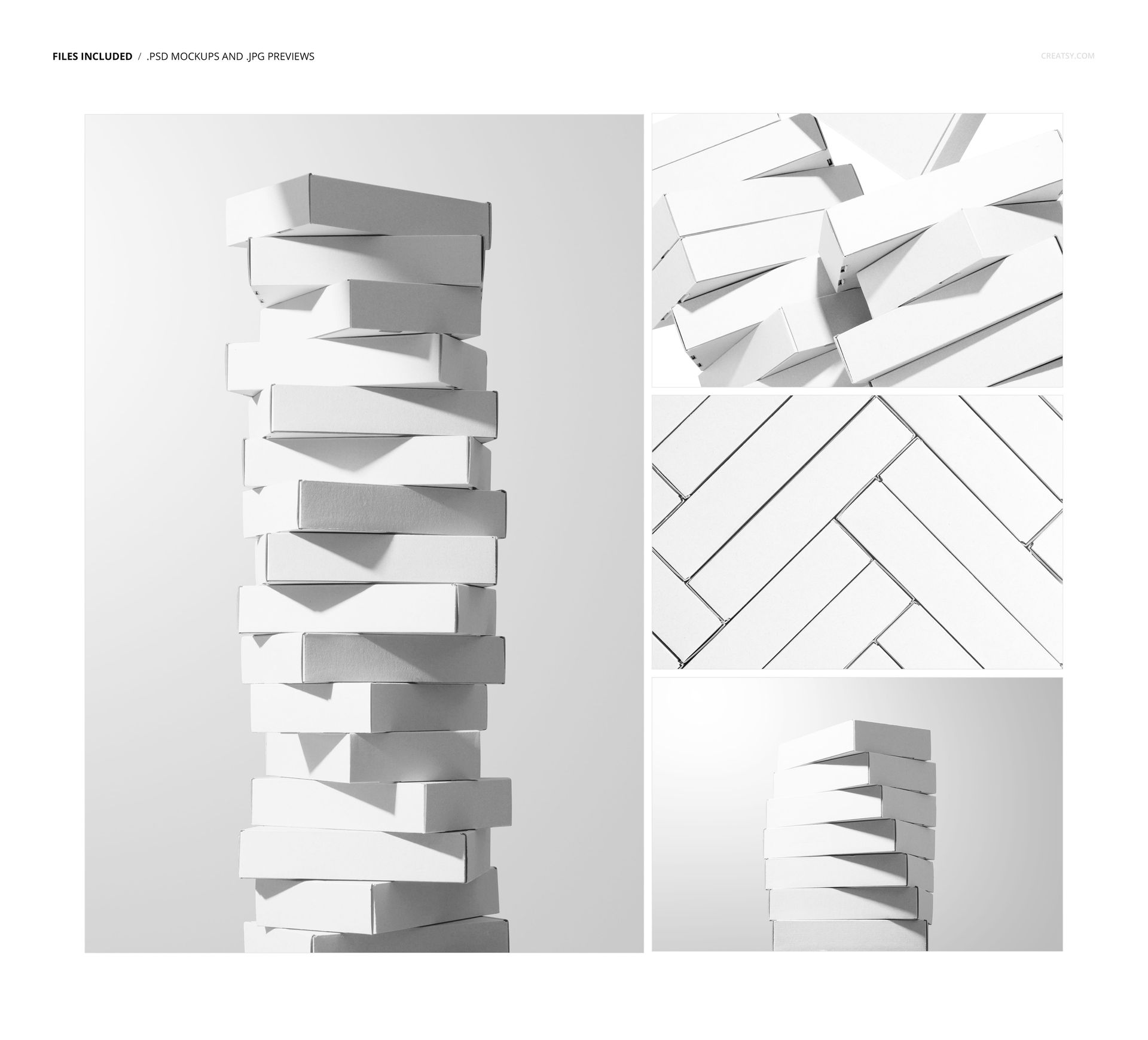 PSD mockup featuring several plain white postal boxes in different stacked and grouped arrangements on a light background.