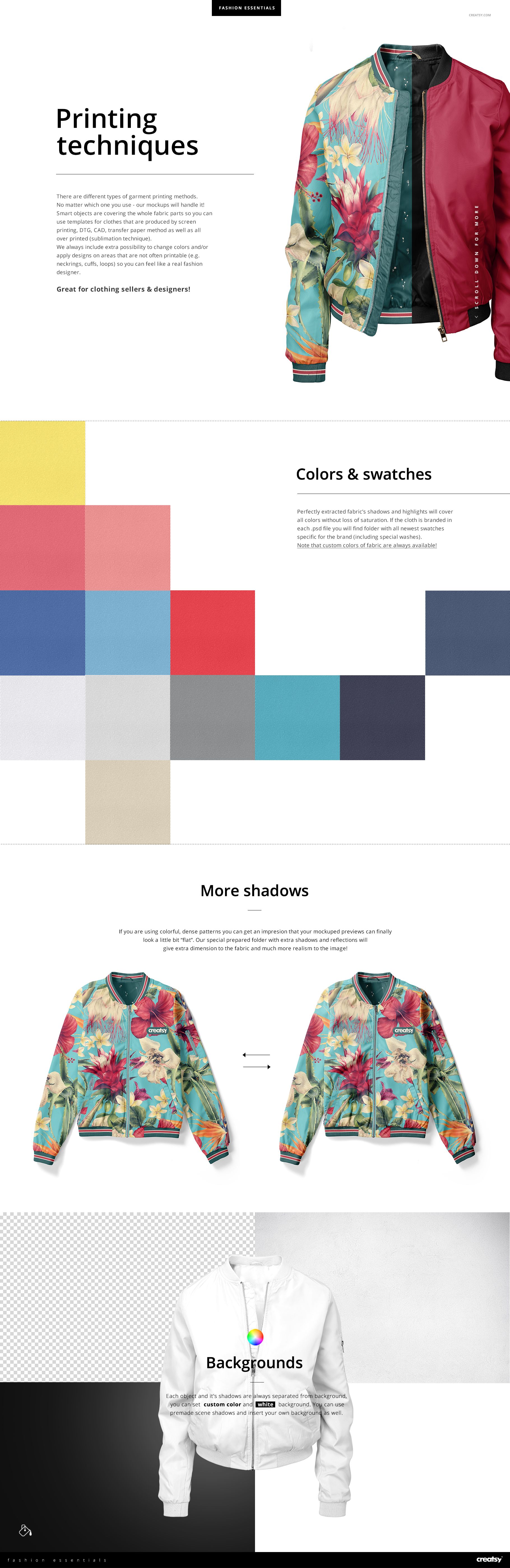 Women's bomber jacket mockup featuring a floral pattern and solid color panels, displayed in front and flat lay views.