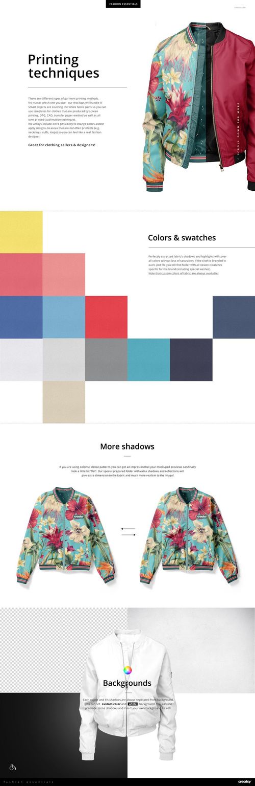 Women's bomber jacket mockup featuring a floral pattern and solid color panels, displayed in front and flat lay views.