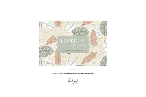 Fabric mockup showing layered textile swatches with illustrated tropical leaves in soft neutral colors on a clean backdrop.