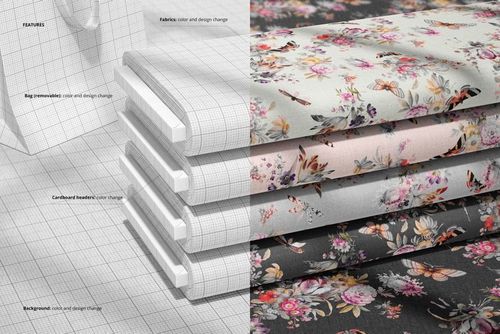 Stacked fabric bolts shown in a mockup, with left side displaying plain grid pattern and right side featuring floral designs.