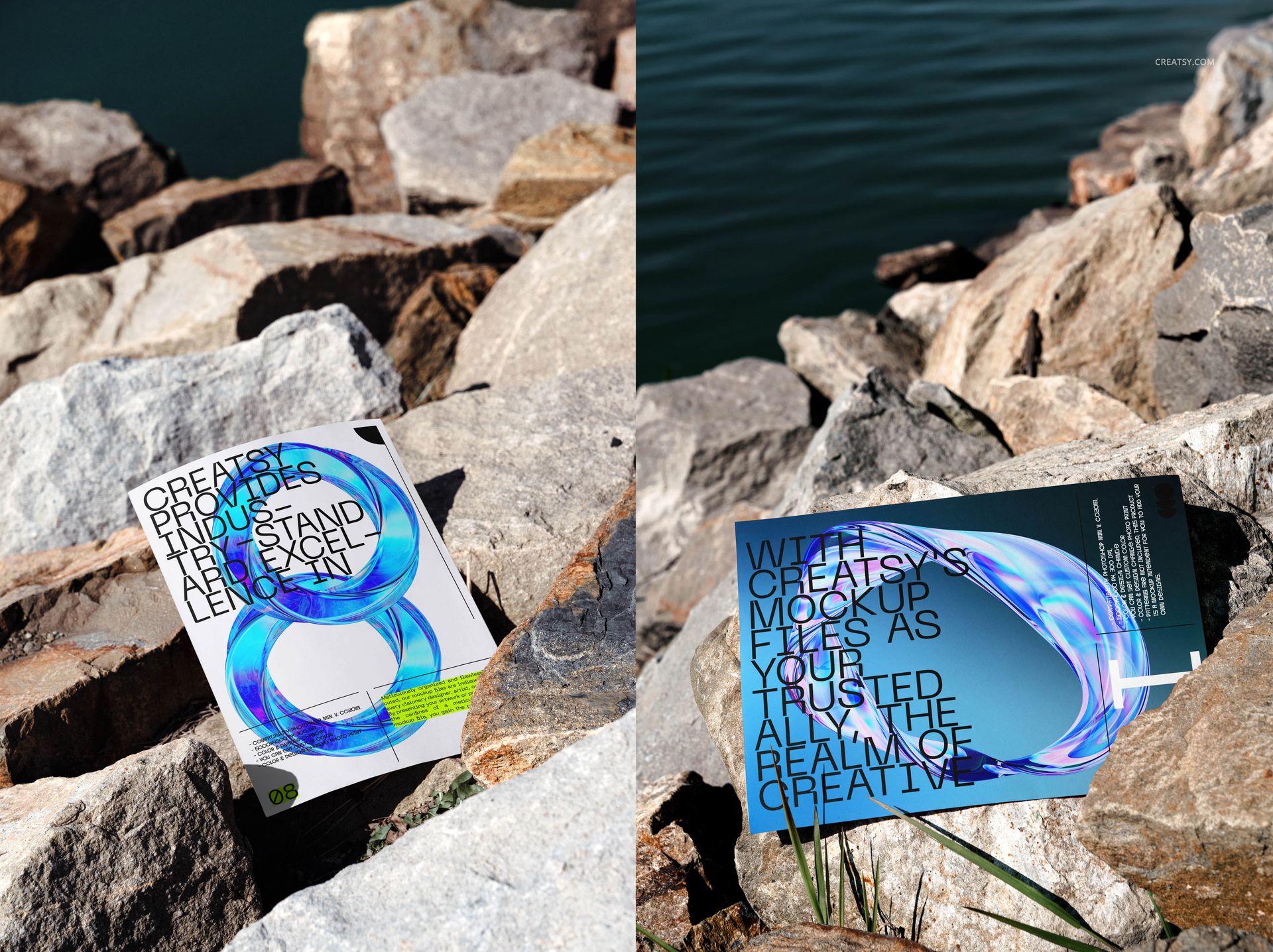 Outdoor poster mockup set showing two posters placed on natural rocks near water, with modern graphic designs.