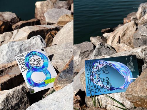Outdoor poster mockup set showing two posters placed on natural rocks near water, with modern graphic designs.