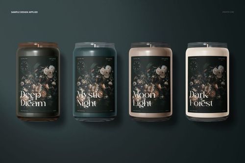 PSD mockup featuring four glass candles with illustrated botanical labels, shown from the front against a dark background.