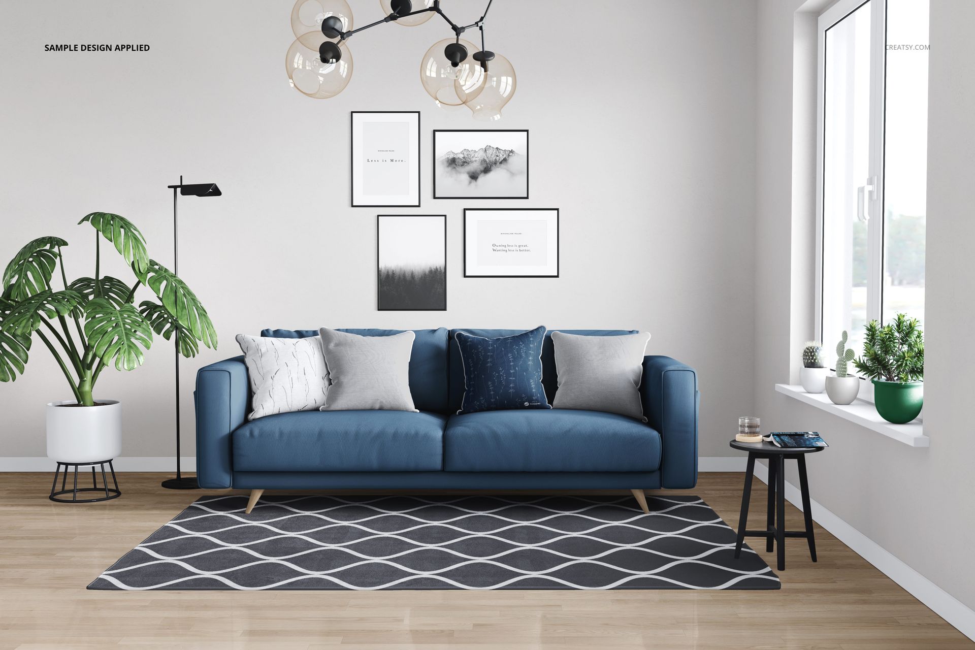 PSD mockup of a stylish living area with a blue couch, patterned rug, and square cushions with piping detail.