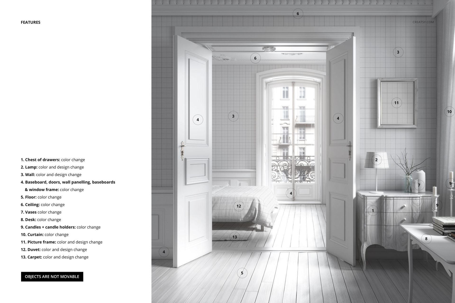 Front view of a classical apartment interior with white wallpaper, open double doors, and elegant furniture in a mockup scene.