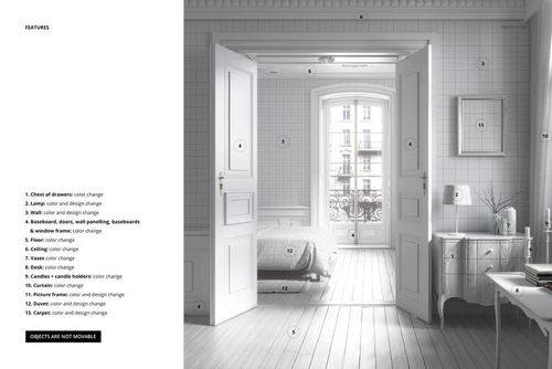 Front view of a classical apartment interior with white wallpaper, open double doors, and elegant furniture in a mockup scene.