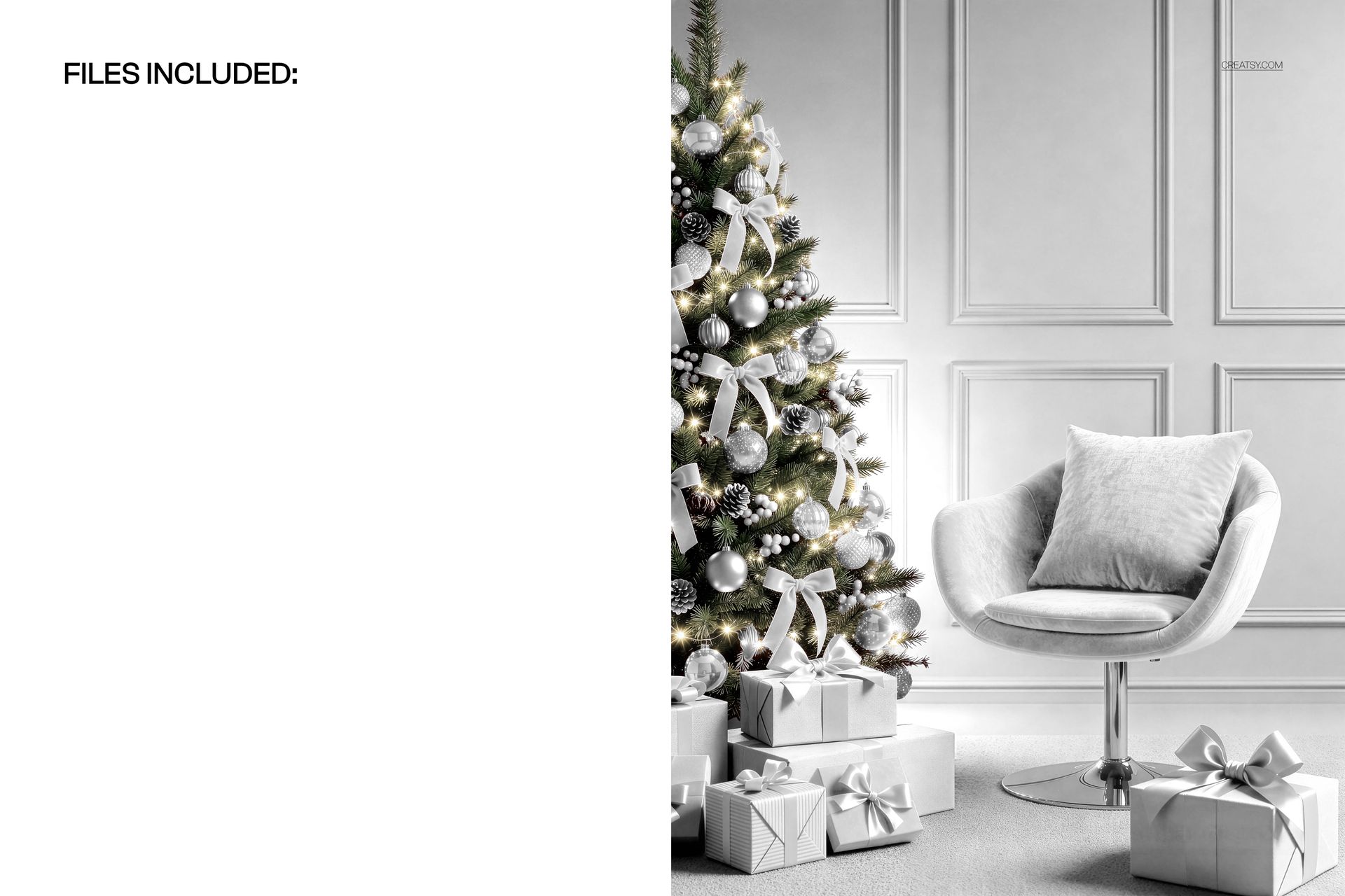 Christmas PSD mockup showing a velvet chair next to a festive tree adorned with bows and presents in a bright room.
