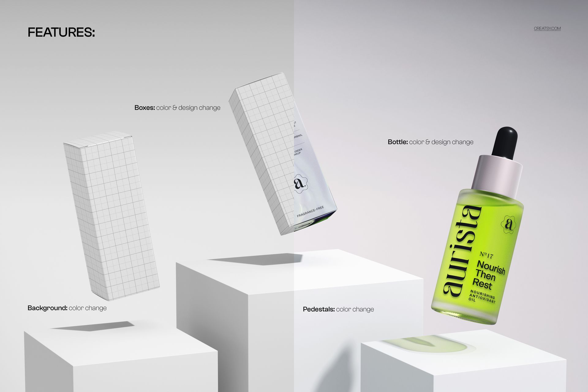 Floating serum packaging set mockup featuring a green dropper bottle and two rectangular boxes on white pedestals.