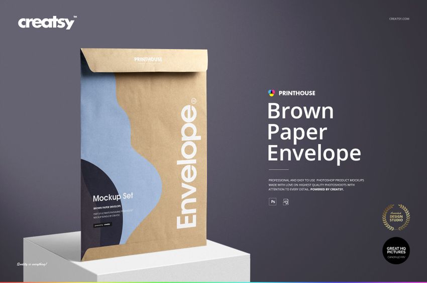 Brown paper envelope mockup with blue and beige color blocks, displayed vertically against a gray background.