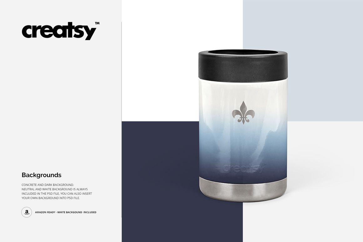 Colster PSD mockup showing a drinkware item with blue gradient color, black top, and metallic base on a split background.