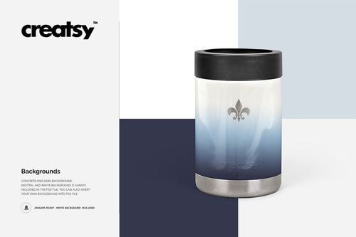 Colster PSD mockup showing a drinkware item with blue gradient color, black top, and metallic base on a split background.