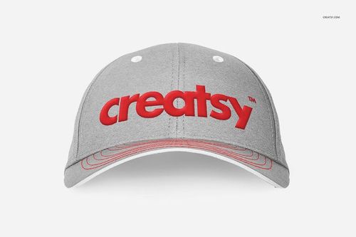 Gray fullcap mockup shown from the front, featuring bold red lettering and subtle stitching details.