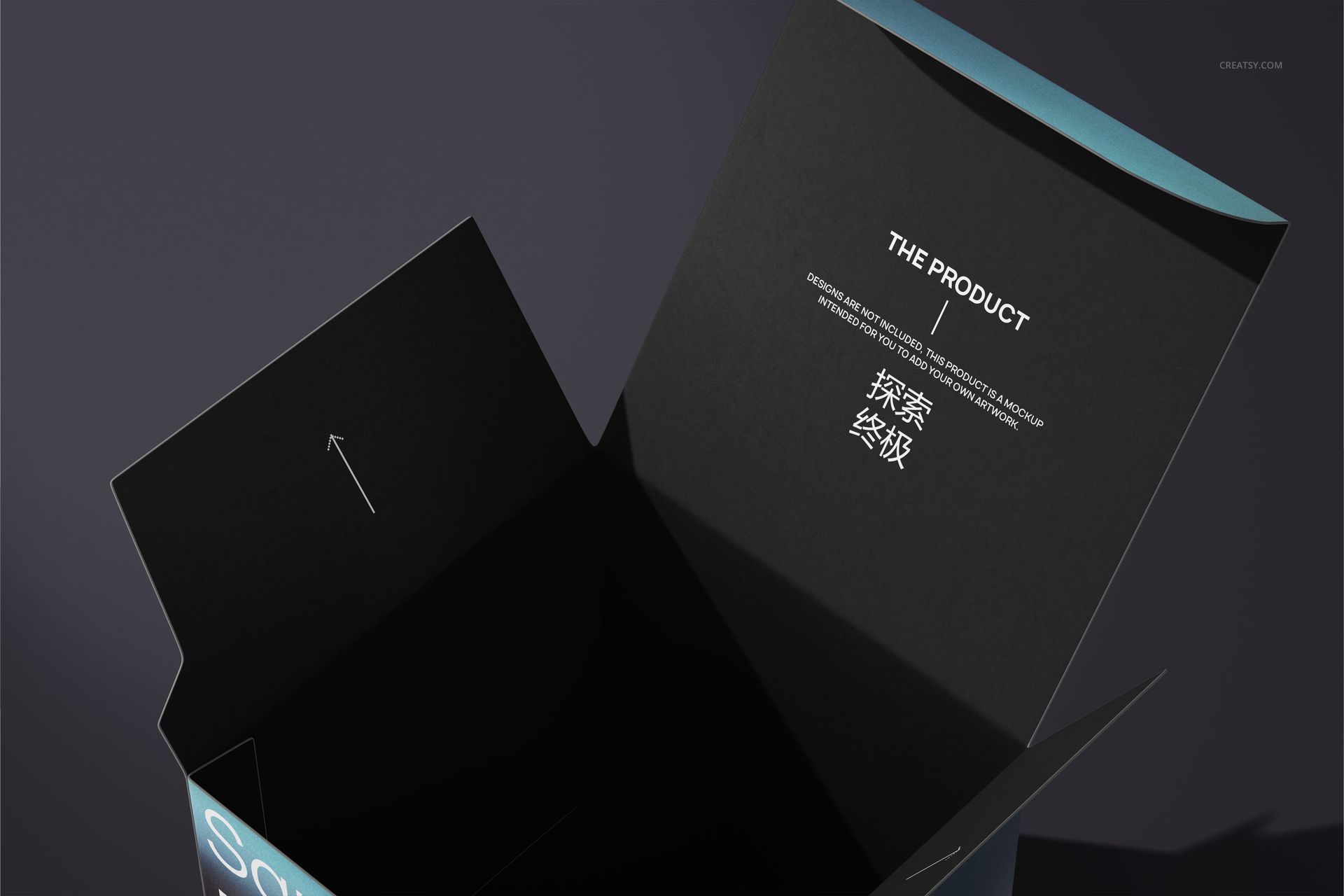 Open square box mockup with black interior and white text, shown from a top angled perspective on a dark surface.