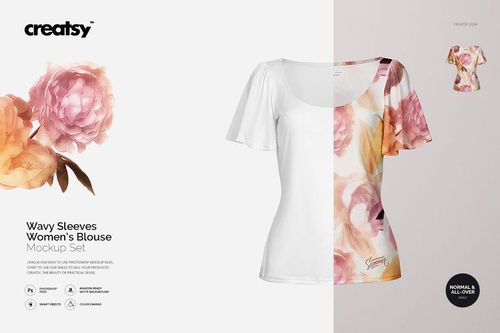 PSD mockup of a women's blouse with soft wavy sleeves, displaying large pastel flowers and a white backdrop.