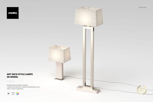 Front view of two Art Deco style lamps with rectangular shades and geometric bases, set on a light background.