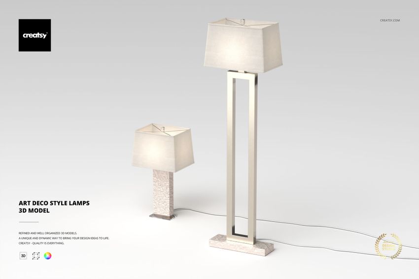 Front view of two Art Deco style lamps with rectangular shades and geometric bases, set on a light background.