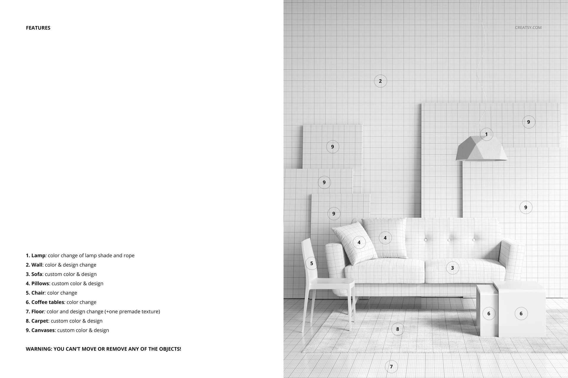 Modern sofa mockup set showing a sofa, chair, coffee table, and lamp in a light room with grid walls and floor.
