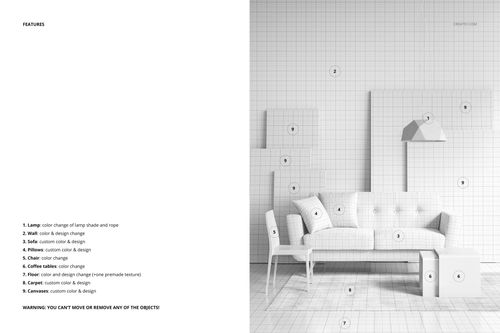 Modern sofa mockup set showing a sofa, chair, coffee table, and lamp in a light room with grid walls and floor.