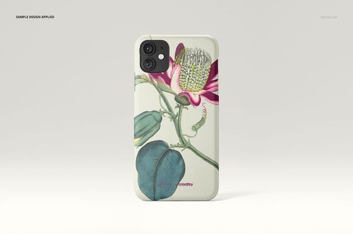 Single iPhone 11 matte case mockup with botanical artwork, including a pink flower and green foliage, displayed on a neutral surface.