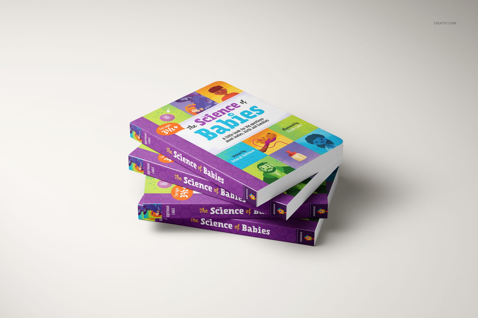 PSD mockup of board books featuring playful illustrations and bold colors, displayed on a neutral surface.