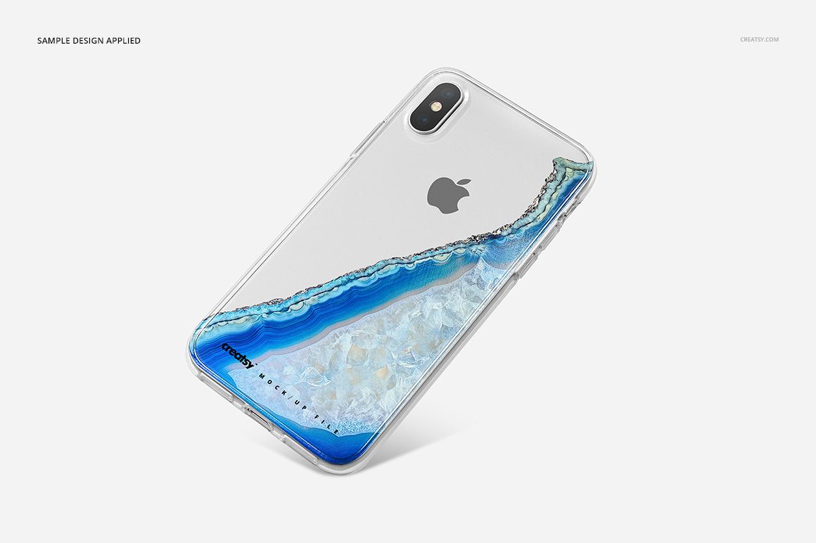 PSD mockup of a transparent iPhone X case featuring a blue and white mineral design, displayed on a silver device.