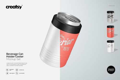 Front view of a beverage can holder cooler mockup with a silver can and coral sleeve, black lid, on light background.