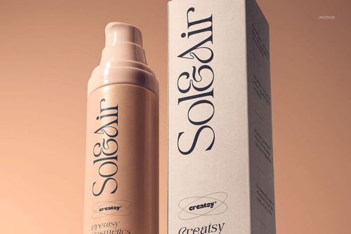 Front view of a modern cosmetics packaging mockup featuring a beige pump bottle and matching rectangular box.