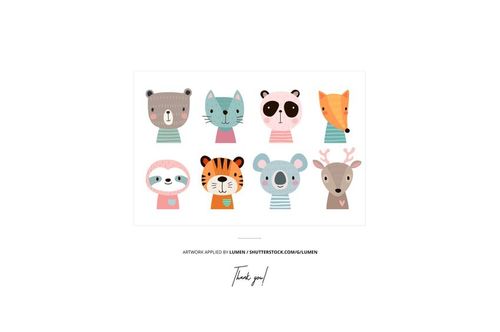 Front view of toddler training pants mockup featuring colorful animal faces in cartoon style on a white background.