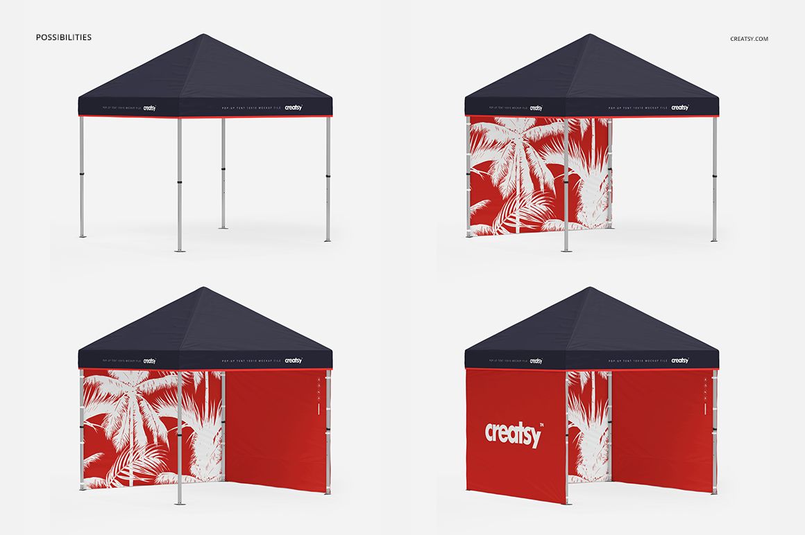 Four views of a pop-up tent mockup with a dark blue top and red sides decorated with white tropical leaf designs.