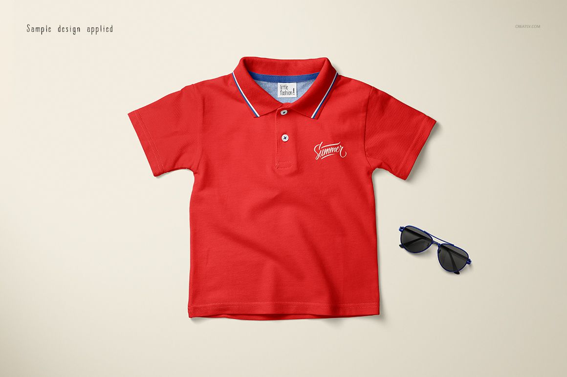 Red kids polo shirt mockup displayed from a top view on a light beige background with sunglasses beside it.