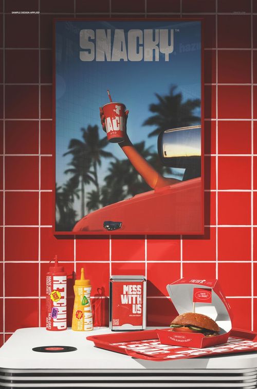 Fast food restaurant poster mockup featuring a burger, fries, and drinks on a red tiled counter with condiments and packaging.