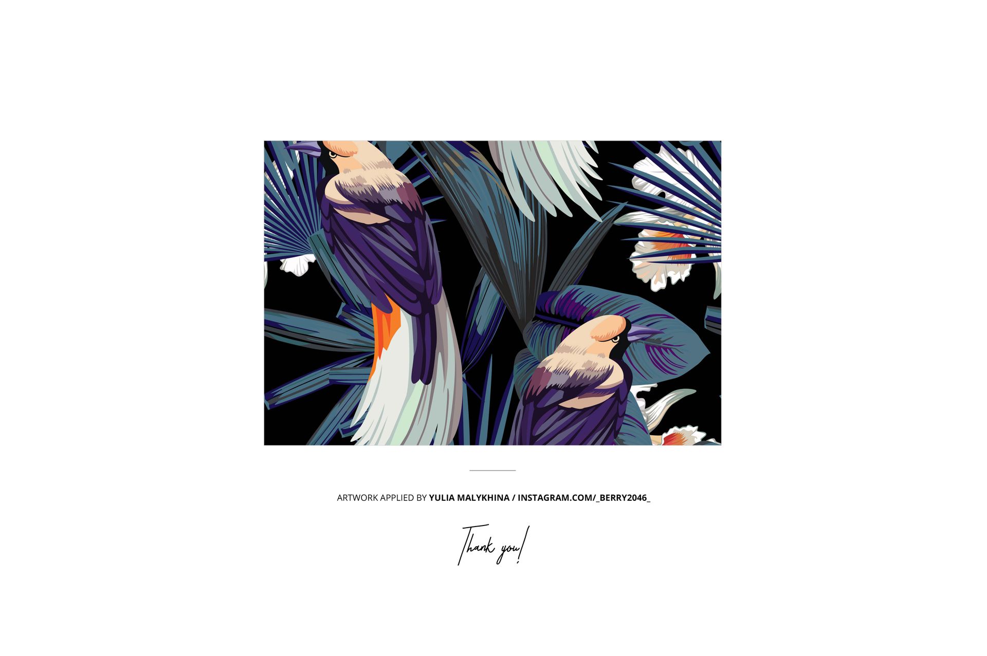 Rectangular mockup design featuring a tropical bird and palm leaf pattern in dark blue, cream, and orange tones.