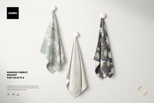 Hanging fabrics mockup with pastel and dark tones, floral motifs, and realistic folds against a light background.
